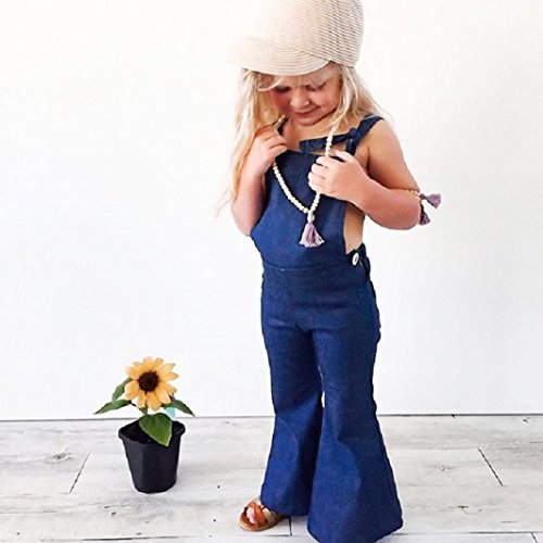 Minisoya Fashion Toddler Kids Baby Girl Backless Denim Jumpsuit Suspenders Overall Romper Bell-Bottom Flare Trousers (Blue, 5T)