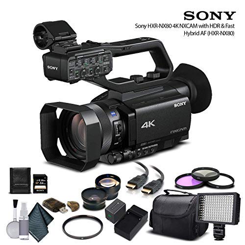 Sony HXR-NX80 Full HD NXCAM with HDR and Fast Hybrid AF (HXR-NX80) with 64GB Memory Card, Extra Battery, UV Filter, LED Light, Case, Telephoto Lens, Wide Angle Lens, and More - Advanced Bundle