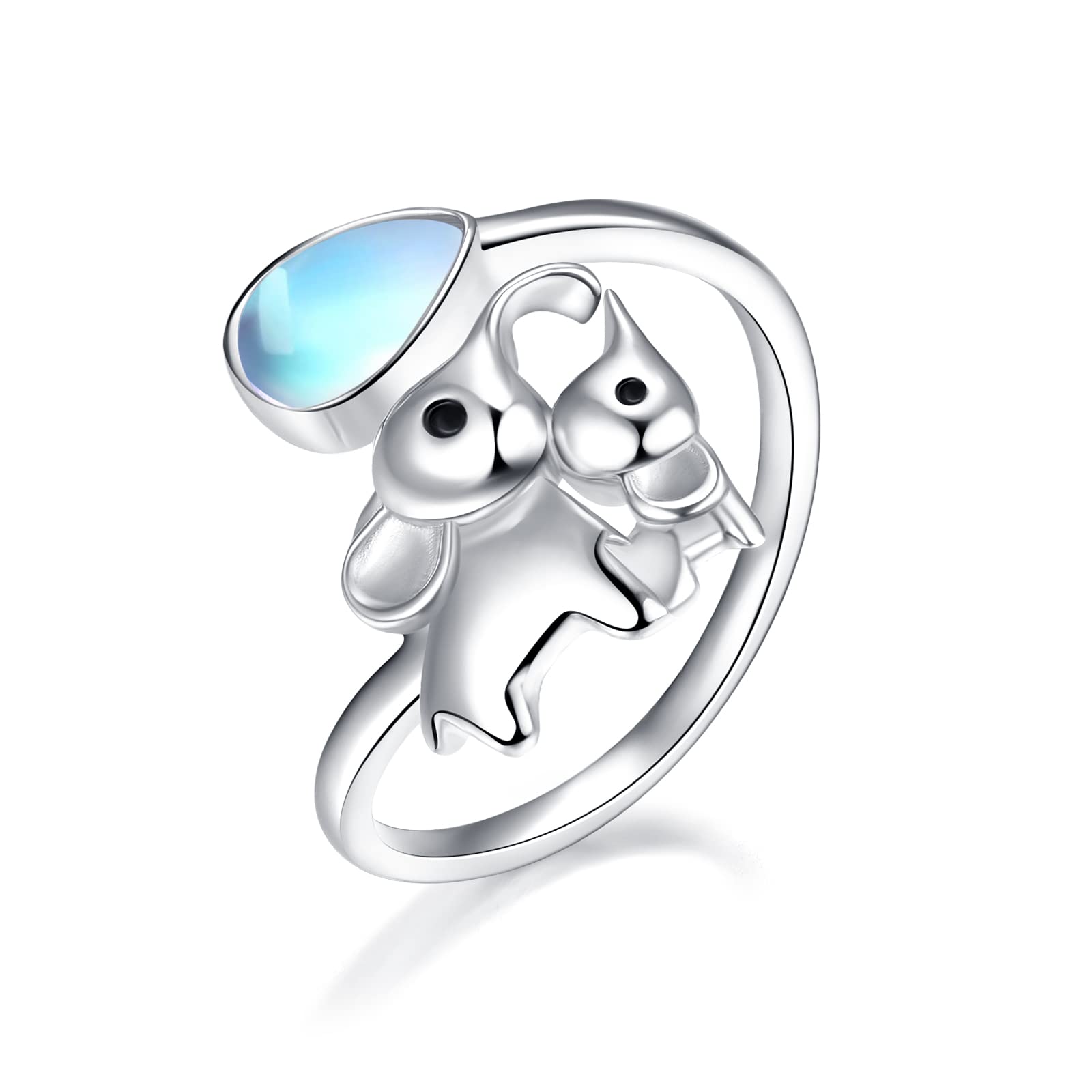 KINGWHYTE Elephant Ring 925 Sterling Silver Moonstone Ring Adjustable Open Ring Elephant Jewellery for Women Girl SIster