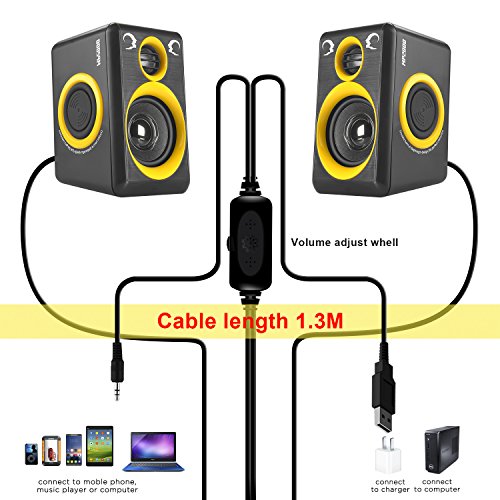 Computer Speakers with Surround Sound 2.0CH USB Wired Powered Multimedia Speaker for Desktop/TV/PC/Laptops/Smart Phone RECCAZR Built-in Four Loudspeaker Diaphragm (Yellow)
