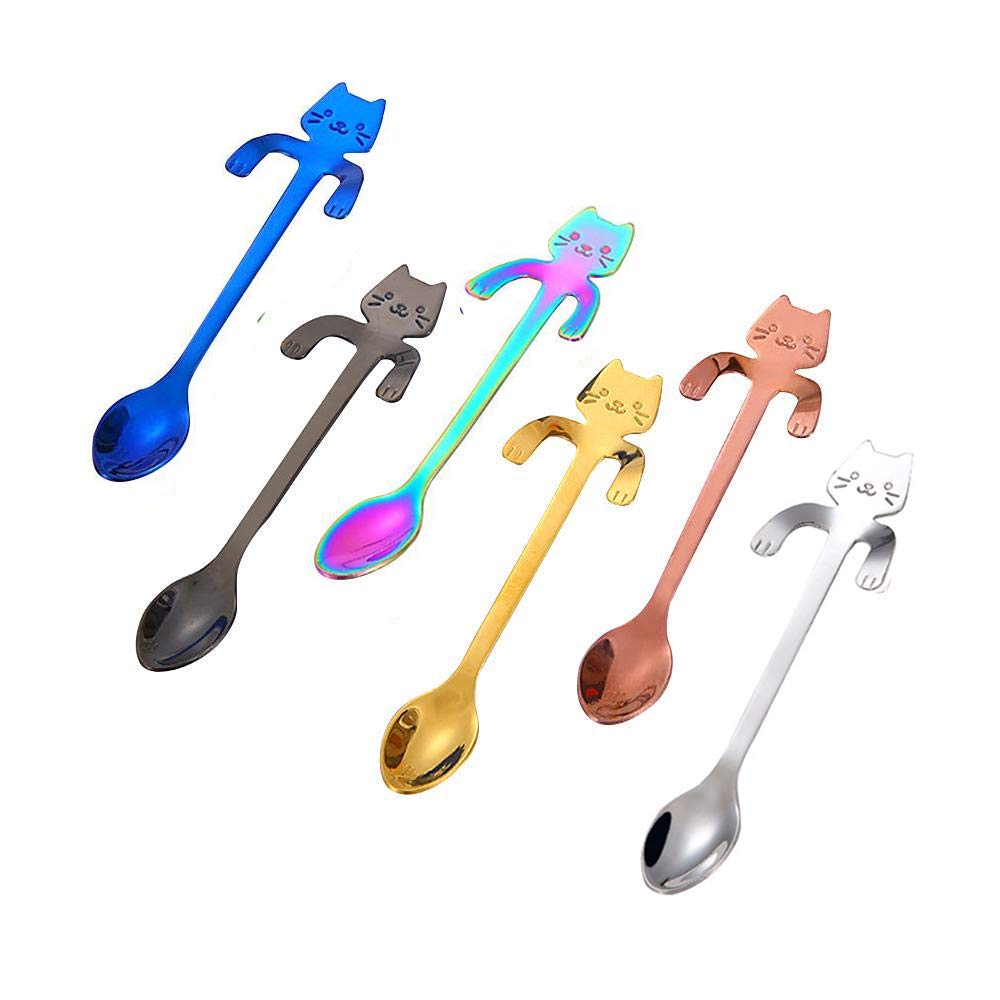 6 PCS Cat Spoon Coffee Tea Spoon, ESRISE Coffee Gifts for Men Christmas Gifts Birthday Gifts, Stainless Steel Hanging Cup Teaspoons Mini Cute Kitten Stirring Spoon (Multicolor)