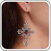 Iaceble Boho Gothic Cross Dangle Hook Earrings Ruby Cross Drop Earrings Cross Faith Earrings Red Crystal Filled Cross Earrings Silver Religion Earrings for Women