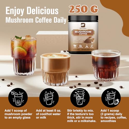 250g Mushroom Coffee - Lion's Mane Mushroom Instant Coffee Powder with Lions Mane, Reishi, Chaga, Cordyceps, Turkey Tail - Mushroom Alternative Coffe for Energy, Mental Clarity & Focus, Brain Booster
