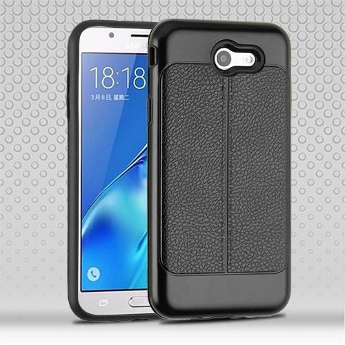 Cell Accessories For Less (TM) Samsung Galaxy J7 Prime J727T Black Leather Texture/Blackrid Case Cover Bundle (Stylus & Micro Cleaning Cloth) - By TheTargetBuys