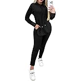 CHICME 2 Piece Outfits for Women Ribbed Long Sleeve Shirt Pullover and Skinny Pants Set Lounge Set
