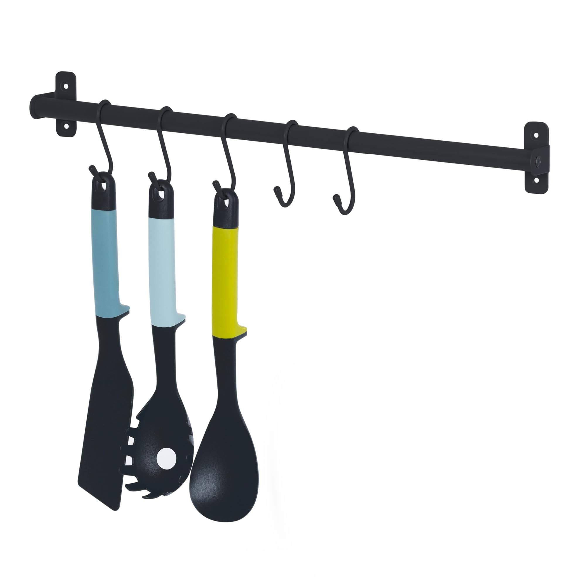 LIVIVO Hanging Rail for Storage Kitchen Hallway Holder Shelf Dish Drain Plates Bowl Utensil Cutlery Knives Pots Paper Towel Coats Jackets Clothes with 5 'S' Hooks (Single Rail 50cm, Black)