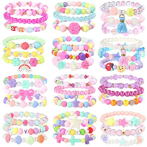 PinkSeep Beaded Bracelets for Kids 12 Pack 36 PC, Little Girl Plastic