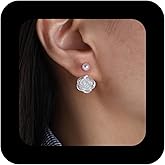 Erimberate Bohemian Pearl Camellia Jacket Earrings White Enamel Flower Drop Earring Round Pearl Stud Earring Enamel Camellia Flower Dangle Earrings Jewelry for Women