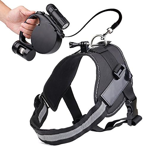 Retractable Dog Leash (With LED Light + Garbage Bag Dispenser) and Dog Vest Harness - 16.4 Feet Dog Training Leash with LED flashlight - Reflective Adjustable Vest Chest for Gopro Hero 5, 4, 3+, 3, 2