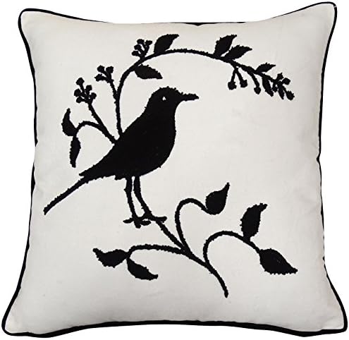 S4Sassy Bird Aari Chain Embroidery Decorative Square White Cotton Canvas Cushion Cover - 18 x 18 Inches