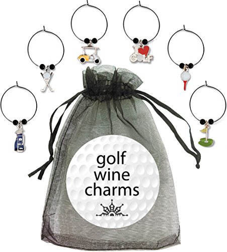 Golf Wine Glass Charms Set of 6 Silver Tone Enameled Themed Charms for the 19th Hole in a Black Organza Bag for Giving and Storage Great Gift for Women Golfers Includes Ball on Tee, Cart, Clubs, Bag - Thumbnail 2