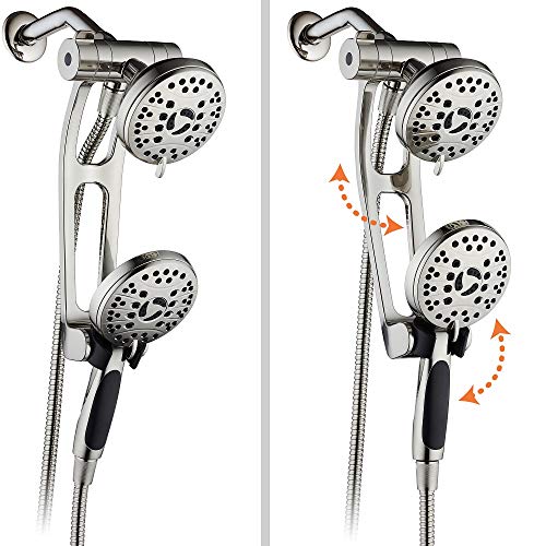 AquaSpa High Pressure 48-mode Luxury 3-way Combo with Adjustable Extension Arm - Dual Rain & Handheld Shower Head - Extra Long 6 Foot Stainless Steel Hose - All Brushed Nickel Finish - Top US Brand