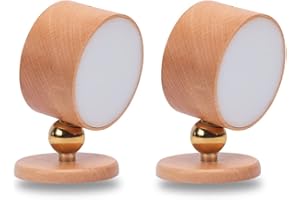LANDGOO Wooden LED Wall Sconce Set of 2, 360° Rotatable Dimmable Wall Lights Rechargeable Battery Operated Magnetic Night Light for Reading Light and Household Lighting (Beech Wood 2PCS)