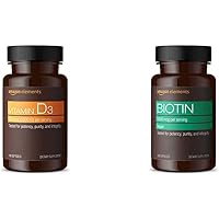 Amazon Elements Vitamin D3, 5000 IU, 180 Softgels, 6 Month Supply & Biotin 5000 mcg, Vegan, 130 Capsules (4 Month Supply…