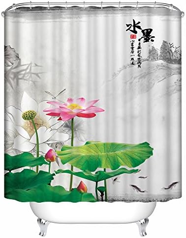 Zen Print Lotus Blossom with Fish Design Fabric Shower Curtain. Spa Decor Kin By Nicola, Water Resistant Bathroom Zen Garden Theme Decor View for Magical and Luxurious Bathroom