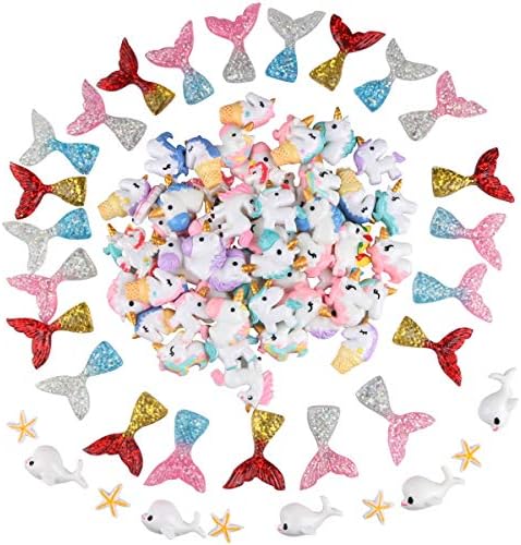 Yoodelife 110 Pcs Slime Charms Resin Flatback Slime Beads with Unicorn Mermaid Tail Dolphin Starfish Pieces for DIY Crafts, Scrapbooking Embellishments