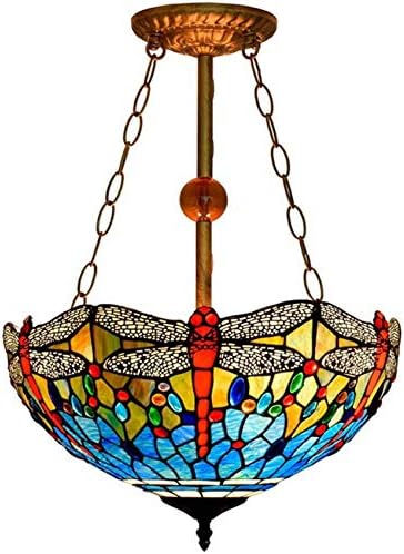 16インチトンボランプシャンデリア ティファニースタイルステンドグラス天井ライト牧歌的な手作りドームシェード装飾ペンダントライトリビングルームダイニングルーム廊下バルコニー天井照明 Foiz Gov Ae