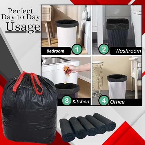 VESTA VITA - 5 Rolls Black Trash bags 75 Pcs for Home and office - 45"50"CM Drawstring Garbage bag with handles - 5 Gallon Garbage bag small for Kitchen and office - Pack of 5 bin bags rolls (Black)