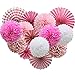 Pink Hanging Paper Party Decorations, Round Paper Fans Set Paper Pom Poms Flowers for Valentine's Day Birthday Wedding Baby Shower Events Accessories