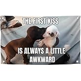 3x5 Feet Cutes Puppies Flag with Quote ''The First Kiss Is Always A Little Awkward"- Cool Animals Poster Polyester On The Wall with Four Brass Grommets - Single Sided Meme Banner for Decoration Home