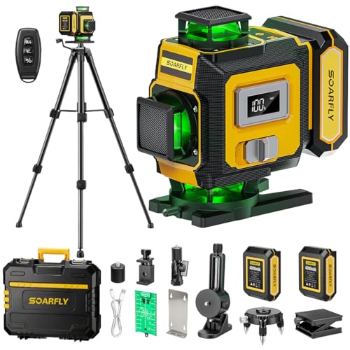 SOARFLY Laser Level with Tripod, 4x360° Self-Leveling Green Beam 4D Laser Level, Dual 4000mAh Lithium Batteries, Laser Level kit for Tile Installation, Framing, Picture Hanging & Home Renovation