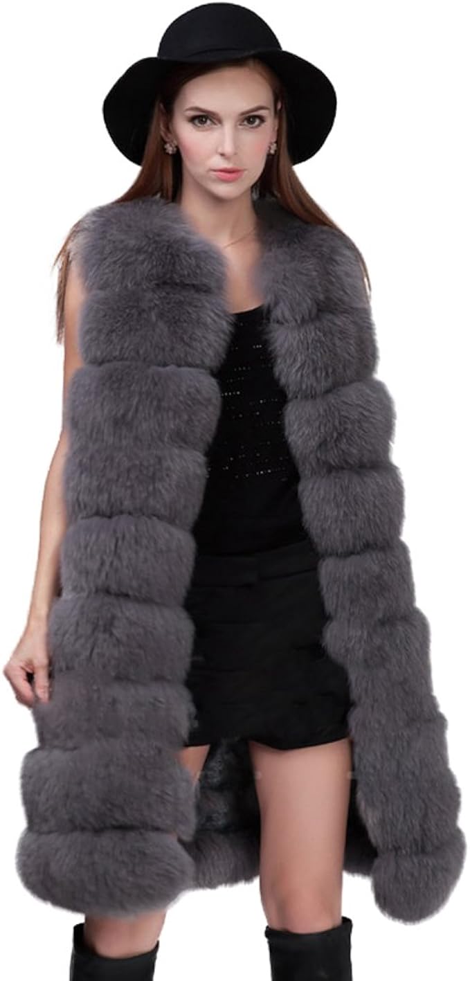 レディースロングファーベストwith Realフォックスファー厚手暖かいベストノースリーブoネック ファーストーリー カラー グレー ベスト 通販 Amazon