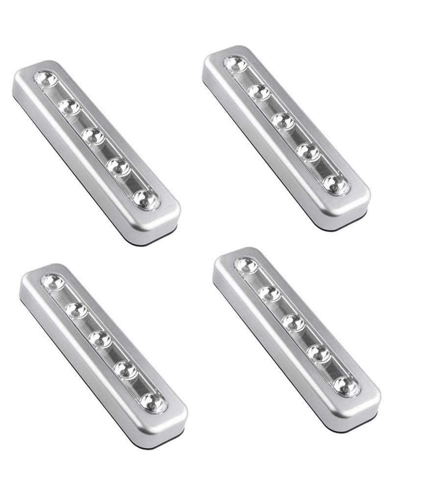 WeFoonLo Pack of 4, DIY Stick-on 5 LED Touch Tap Lights Battery-Powered Push Night Light for Closets, Cabinets, Cupboard, Hallway, Stairs, Attics, Garages, Car, Sheds, Storage Room (Silver)