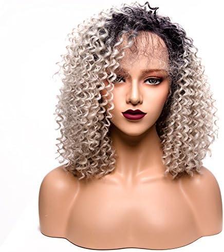 Ombre Gray Lace Front Wig Dark Roots 2 Tone Grey Silver Short Kinky Curly Glueless Synthetic Wig Half Hand Tied Replacement Full Wig 14 Inches