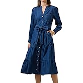EZAPINE Women Casual Long Denim Dress Babydoll Ruffle Long Sleeve Button Down Jean Shirt Midi Dresses with Belt