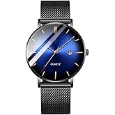 Men's Fashion Minimalist Wrist Watch Waterproof Watches Simple Ultra Thin Watches Analog Quartz Date with Stainless Steel Mesh Band