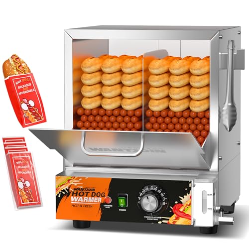 WantJoin Hot Dog Steamer Machine - 28.8QT Commercial Electric Hotdog Machine with Bun Warmer, Tempered Glass Stainless Steel Steaming Machine for 90-105 Sausages and 30-40 Buns