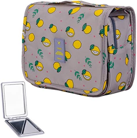 LAKIBOLE Hanging Toiletry Bag with Travel Mirror, Multifunction Cosmetic Bag Portable Makeup Pouch Waterproof Travel Hanging Organizer Bag for Women Girls (Gray & Lemon)