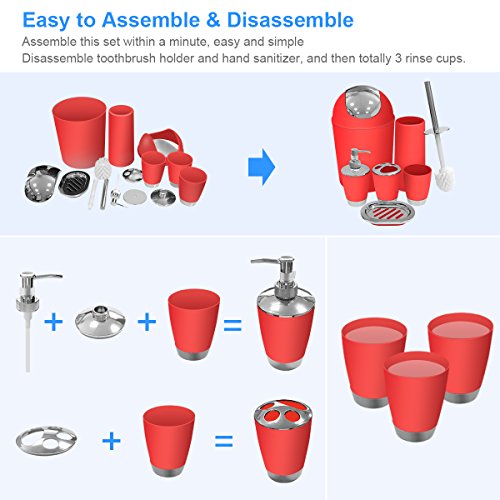Red Bathroom Accessories Set 6 Pieces Plastic Bathroom Accessories Toothbrush Holder, Rinse Cup, Soap Dish, Hand Sanitizer Bottle, Waste Bin, Toilet Brush with Holder