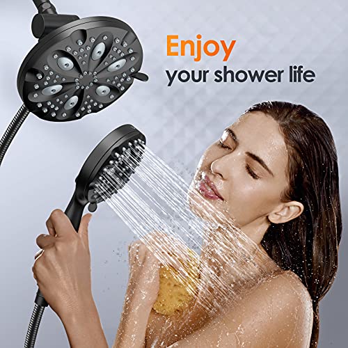 Shower Head Combo-WaterSong 14 settings 7'' Rain Showerhead+5'' Handheld Shower Spray with Build in Power Wash, 6.5ft Hose/Adjustable Mount for Bath Massage Spa, 3-Way Diverter, Matte Black