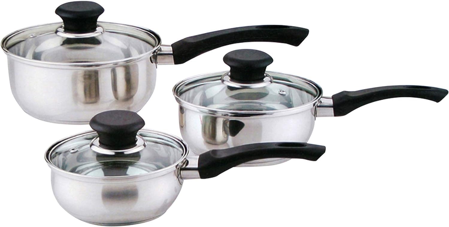 6 Pcs Stainless Steel Saucepan Essential Cookware Set with Glass Lids & Sturdy Handles Pot Prima Kitchen Cook Home Chef Cooking Sauce Pan Housewarming Gifts UK Free P&P, Silver