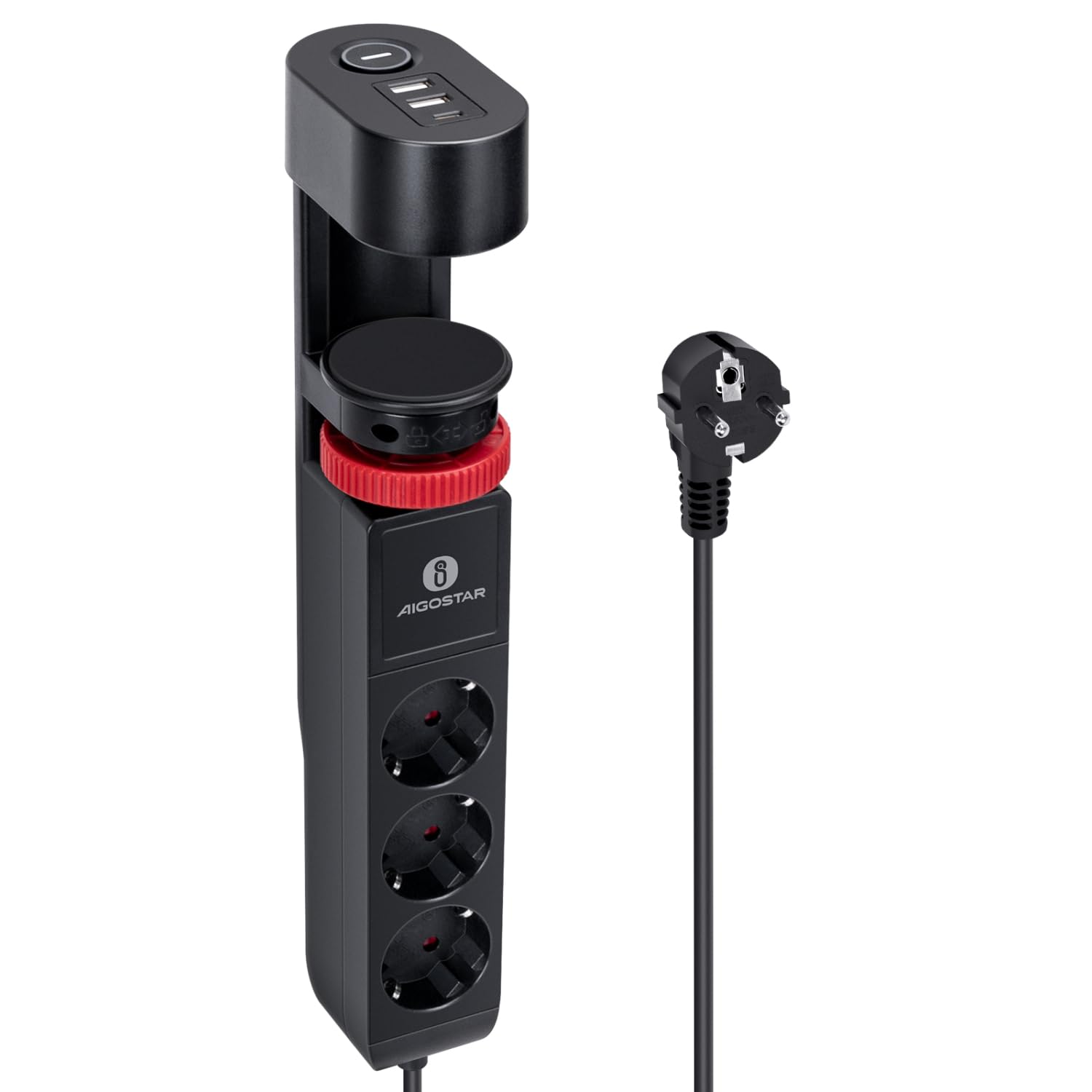 Aigostar Tischsteckdose 3-Fach mit Schalter, Steckdosenleiste mit Tischclip, Steckerleiste mit 3 USB, 6 in 1 Mehrfachsteckdose,1.4M Kabel, Schwarz
