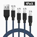 4-Pack [3ft/6ft/6ft/10ft] Nylon Braided USB Charging Cables for iPhone X/8/8 Plus/7/7 Plus/6s/6s Plus/6/6 Plus/5/5S/5C/SE/iPad/iPod (Black&Blue)