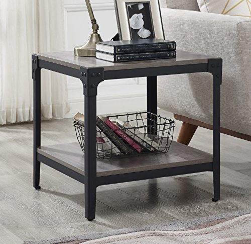 WE Furniture Angle Iron Wood End Tables in Grey Wash - Set of 2