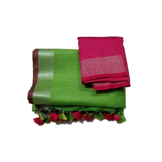 YuwanSilk Womens linen slub Sarees with blouse piece (Green)