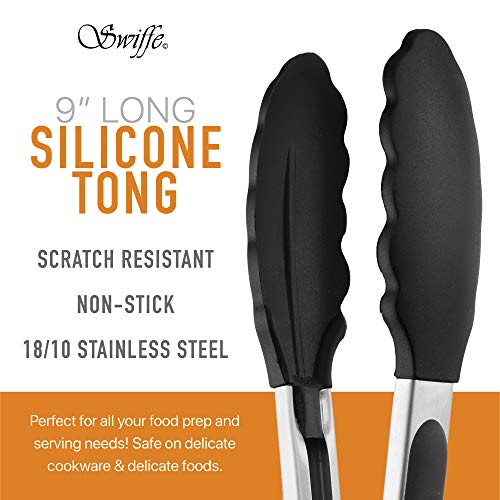 Swiffe Stainless Steel Set of 2 Kitchen Tong Set - Premium Multipurpose 9" with BPA Free Heat Resistant Silicone Tips and 12" with Metal Tips for BBQ, Grilling, Serving - Easy Lock, FDA Approved