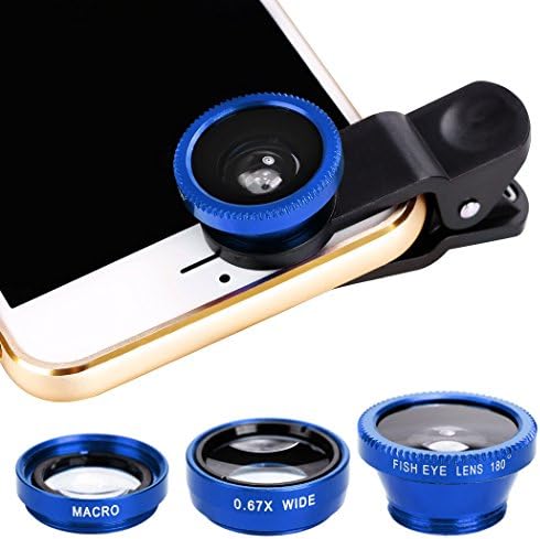Xinnio Universal 3 in 1 Camera Lens 0.67X Wide Angle Lens+ 180° Fisheye Lens Macro Camera Lens Kit Clip On for iPhone XR/XS/XS MAX/X/ 8 7 6 Plus, Samsung Smartphones Blue