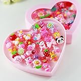 AUCH 36Pcs Cute Adjustable Mixed Kid's Girls Pink Cartoons Flowers Polymer Resin Children Jewelry Rings, Heart Gift Box