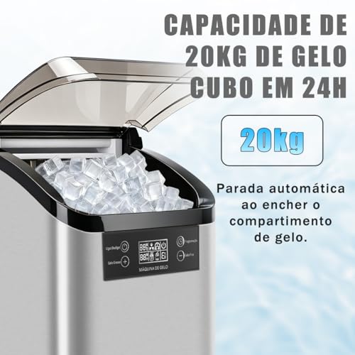 Ice Maker Portátil Inox 20kg/dia, Autolimpeza c/Pá e Cesto Casa Bar 127V