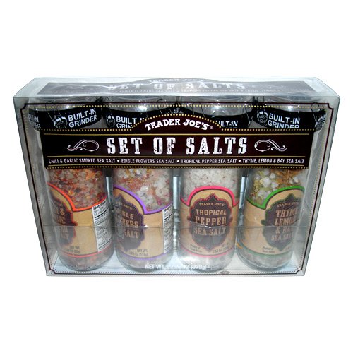 Trader Joe's Set of 4 Sea Salts with BuiltIn Grinders Chili & Garlic Smoked Edible Flowers