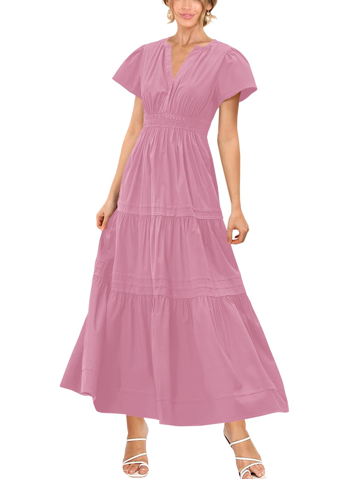 Doshoop Women's Summer V Neck Maxi Dress Casual Ruffle Short Sleeve ...
