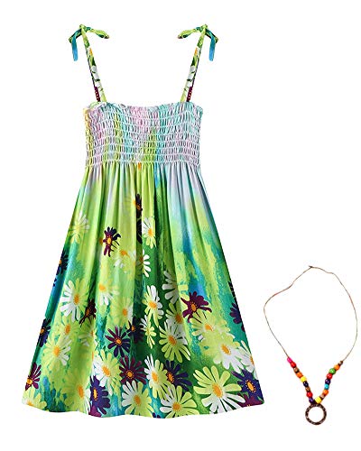 Photo 1 of Flenwgo Girls Bohemian Dresses Floral Sleeveless Rainbow Beach Sundress with Necklace Green US 9-10T