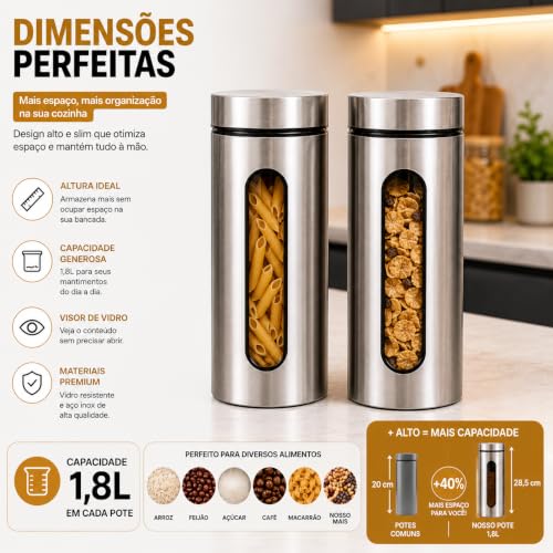 Kit Com 2 Potes Vidro Vítreo Grande Revestidos Em Inox 1,8L | Com Tampa de Vedação e Visor - Ideal para Armazenar Macarrão, Arroz, Feijão, Açúcar, Grãos e Mantimentos