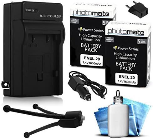 (2 Pack) PhotoMate EN-EL20 EL20 Ultra High Capacity Rechargable Battery (1600mAh) + Rapid Home AC Wall Charger + Car Adapter + Euro Plug + Cleaning Kit + Mini Tripod for Nikon COOLPIX A, 1 AW1, J1, J2, J3, S1, 1AW1, 1J1, 1J2, 1J3, 1S1 Digital Camera