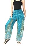 CandyHusky Elastic Waist Peacock Feather Baggy Hippie Boho Yoga Harem Pants (Dark Green)