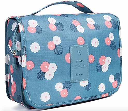 Hanging Toiletry Bag by Julu | Portable Travel Cosmetics Organizer/Makeup Bag for Women| Multiple Compartments and Hanging Hook for Vacation (Tranquil Floral Blue)